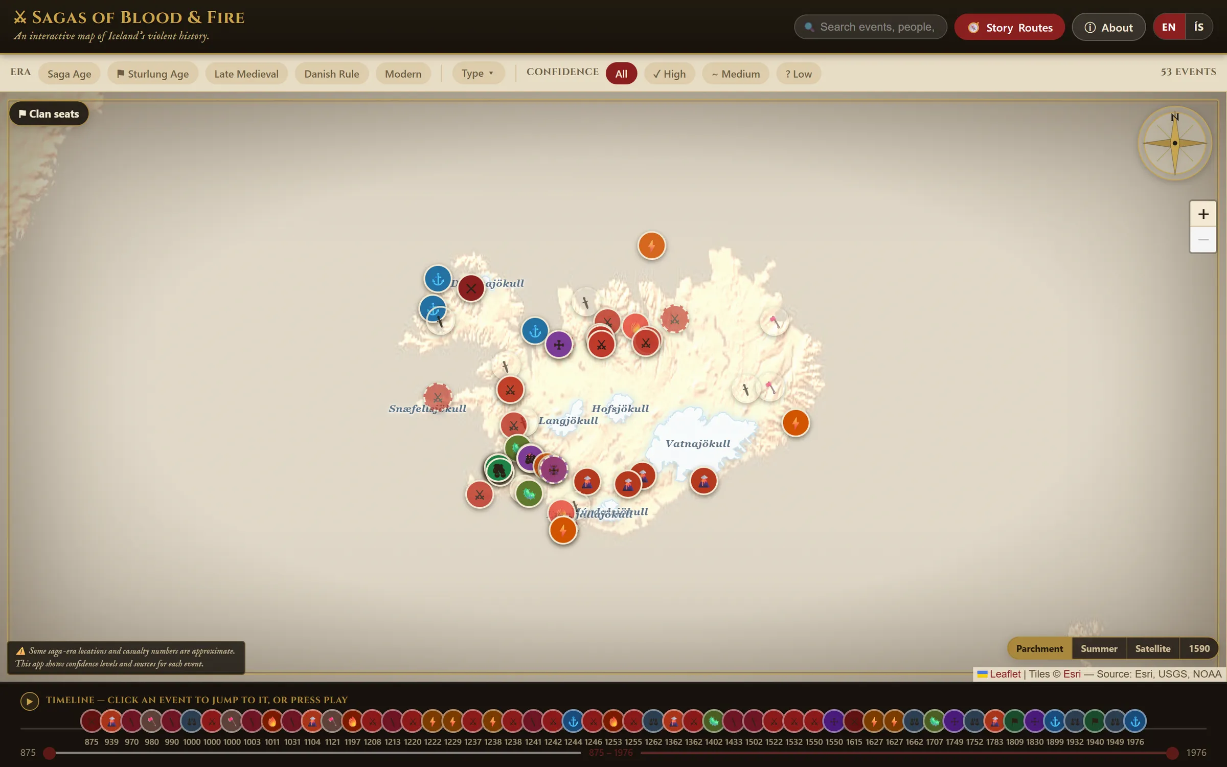 Sagas of Blood & Fire on its parchment base map: Iceland covered in coloured markers for battles, raids and executions, with era and confidence filters above and a timeline of events from 875 to 1976 below.